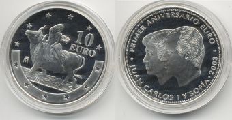 10 Евро Испания 2003 год, Первая годовщина Евро, Похищение Европы, Серебро, Пруф