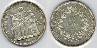 Франция 10 Франков 1967 Геркулес Серебро