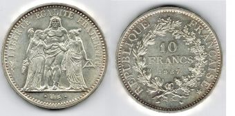 Франция 10 Франков 1967 Геркулес Серебро