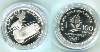 Франция 100 Франков 1990 Олимпиада Альбертвиль Бобслей