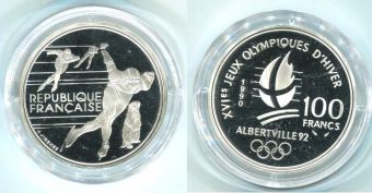 Франция 100 Франков 1990 Олимпиада Альбертвиль Конькобежец