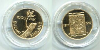1000 Марок Финляндия 1997 год Независимость Золото Пруф