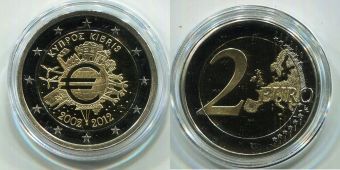 2 Евро Кипр 2012 10 лет наличному Евро Пруф