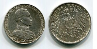 2 Марки Германия 1913 год, Пруссия, Вильгельм, Мундир, Серебро