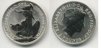 Англия 2 Фунта 2002 год, Британия, унция, серебро, пруф