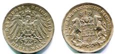 3 Марки Германия 1909 J Гамбург Серебро   