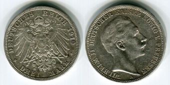 3 Марки Германия 1910 год, Пруссия, Вильгельм, Серебро
