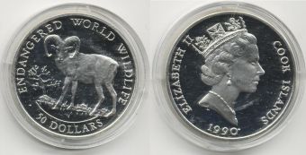 Острова Кука, 50 Долларов, 1990 год, Горный Баран, Серебро Пруф